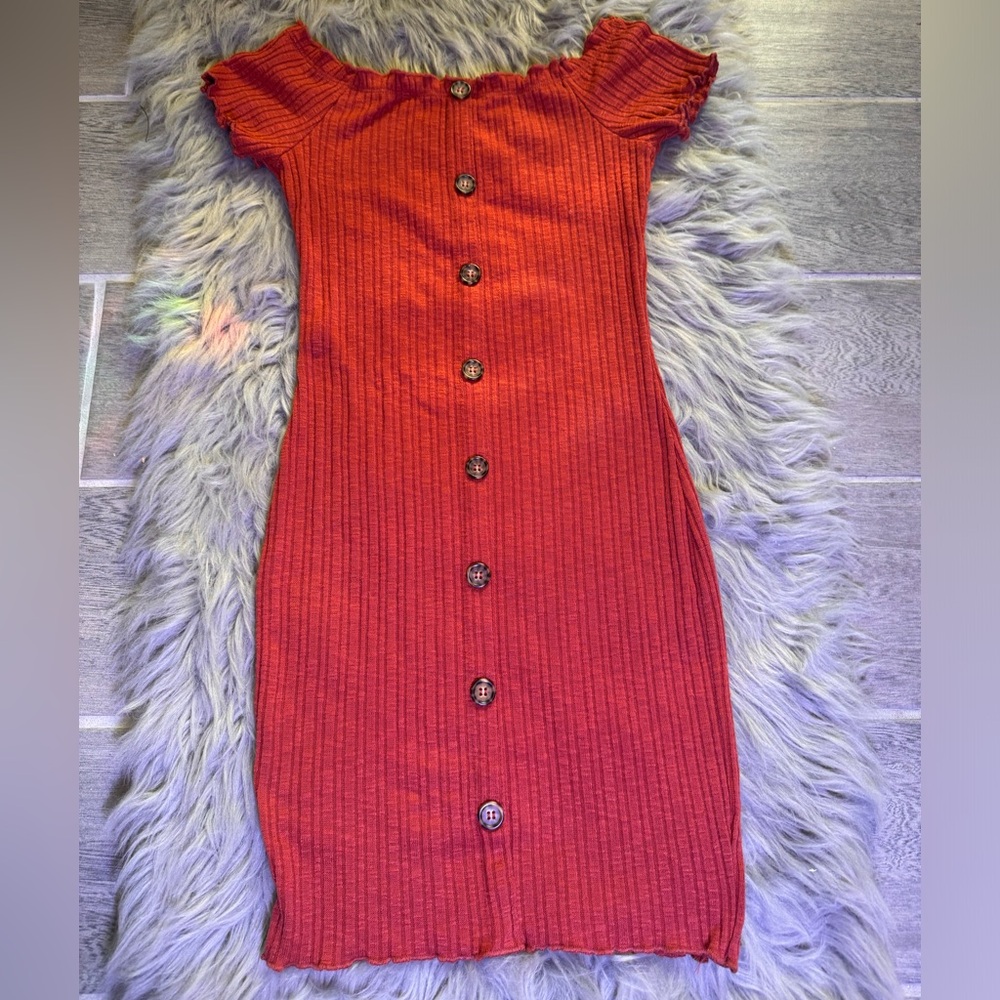 Cute orange autumn dress decorative buttons off the shoulder